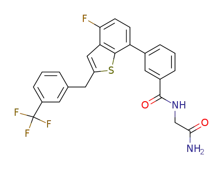 Molecular Structure of 1207965-95-4 (N-(2-amino-2-oxoethyl)-3-{4-fluoro-2-[3-(trifluoromethyl)-benzyl]-1-benzothiophen-7-yl}benzamide)