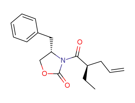 Molecular Structure of 130710-56-4 ((S)-3-<(R)-2-ethyl-1-oxo-4-penten-1-yl>-4-(phenylmethyl)-1,3-oxazolidin-2-one)