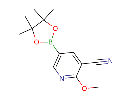 Molecular Structure of 1073354-05-8 (2-METHOXY-5-(4,4,5,5-TETRAMETHYL-1,3,2-DIOXABOROLAN-2-YL)NICOTINONITRILE)