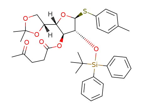 Molecular Structure of 1374633-02-9 ((2S,3S,4R,5S)-4-(tert-butyldiphenylsilyloxy)-2-((R)-2,2-dimethyl-1,3-dioxolan-4-yl)-5-(p-tolylthio)tetrahydrofuran-3-yl 4-oxopentanoate)