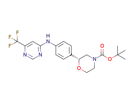Molecular Structure of 1400997-86-5 ((R)-tert-butyl 2-(4-(6-trifluoromethylpyrimidin-4-ylamino)phenyl)morpholine-4-carboxylate)