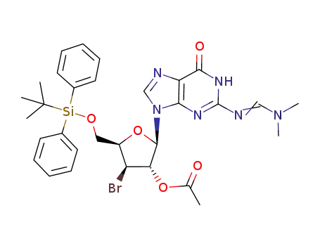 Molecular Structure of 247223-54-7 (9-(2'-O-acetyl-3'-bromo-5'-O-tert-butyldiphenylsilyl-3'-deoxy-β-D-xylofuranosyl)-2-N-(N',N'-dimethylaminomethylene) guanine)