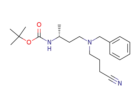 Molecular Structure of 170367-71-2 (3-[(3-cyanopropyl)(phenylmethyl)amino-1(R)-methylpropyl]carbamic acid, 1,1-dimethylethyl ester)