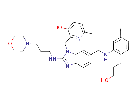 Molecular Structure of 857066-90-1 (2-[[6-[[[2-(3-Hydroxypropyl)-5-methylphenyl]amino]methyl]-2-[[3-(morpholin-4-yl)propyl]amino]benzimidazol-1-yl]methyl]-6-methylpyridin-3-ol)