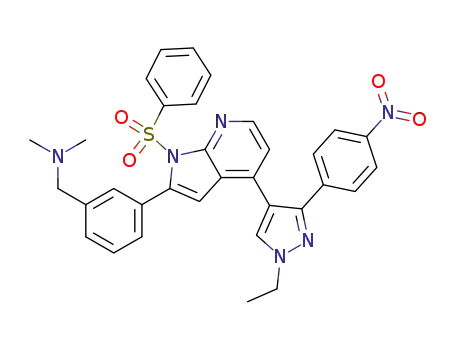 Molecular Structure of 942920-68-5 (3-[4-[1-Ethyl-3-(4-nitrophenyl)-1H-pyrazol-4-yl]-1-(phenylsulfonyl)-1H-pyrrolo[2,3-b]pyridin-2-yl]-N,N-dimethylbenzenemethanamine)