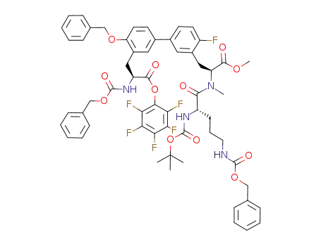 Molecular Structure of 856223-15-9 (pentafluorophenyl (2S)-3-(4-benzyloxy-3'-{(2S)-2-[{(2S)-5-benzyloxycarbonylamino-2-tert-butoxycarbonylamino-pentanoyl}-(methyl)-amino]-3-methoxy-3-oxo-propyl}-4'-fluoro-biphenyl-3-yl)-2-benzyloxycarbonylamino-propanoate)