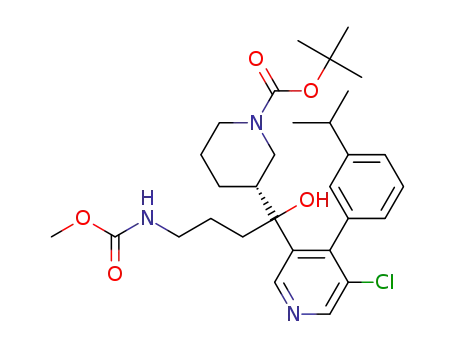 Molecular Structure of 1070870-58-4 (1,1-dimethylethyl (3R)-3-(1-{5-chloro-4-[3-(1-methylethyl)phenyl]-3-pyridinyl}-1-hydroxy-4-{[(methyloxy)carbonyl]amino}butyl)-1-piperidinecarboxylate)