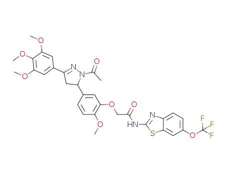 Molecular Structure of 1392442-07-7 (N<sub>1</sub>-(6-(trifluoromethoxy)-1,3-benzothiazol-2-yl)-2-{5-[1-acetyl-3-(3,4,5-trimethoxy phenyl)-4,5-dihydro-1H-5-pyrazolyl]-2-methoxyphenoxy}acetamide)