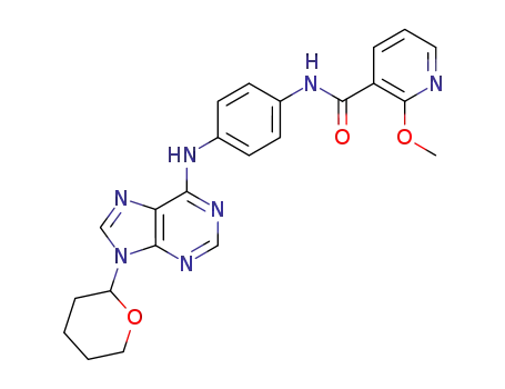 Molecular Structure of 1428155-13-8 (2-methoxy-N-(4-(9-(tetrahydro-2H-pyran-2-yl)-9H-purin-6-ylamino)phenyl)pyridine-3-carboxamide)
