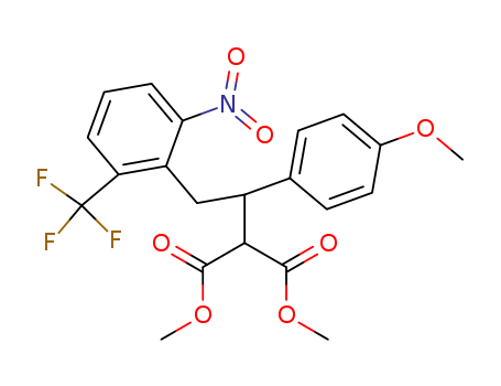 Molecular Structure of 111604-99-0 (Propanedioic acid,
[1-(4-methoxyphenyl)-2-[2-nitro-6-(trifluoromethyl)phenyl]ethyl]-, dimethyl
ester)