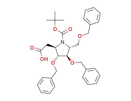 Molecular Structure of 1567687-33-5 (2-((2R,3R,4R,5R)-3,4-bis(benzyloxy)-5-((benzyloxy)methyl)-1-(tert-butoxycarbonyl)pyrrolidin-2-yl)acetic acid)