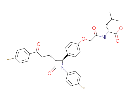 Molecular Structure of 857506-64-0 (1-(4-fluorophenyl)-3-(R)-[2-(4-fluorobenzoyl)ethyl]-4-(S)-[4-(N-[(R)-1-carboxy-3-methylbutyl]carbamoylmethoxy)phenyl]azetidin-2-one)