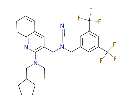 Molecular Structure of 898911-55-2 (Cyanamide,
[[3,5-bis(trifluoromethyl)phenyl]methyl][[2-[(cyclopentylmethyl)ethylamino]
-3-quinolinyl]methyl]-)
