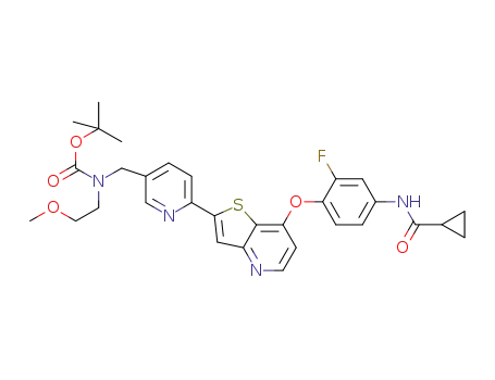 Molecular Structure of 1187214-01-2 (tert-butyl (6-(7-(4-(cyclopropanecarboxamido)-2-fluorophenoxy)thieno[3,2-b]pyridin-2-yl)pyridin-3-yl)methyl(2-methoxyethyl)carbamate)