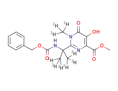 Molecular Structure of 1100750-74-0 (Methyl 2-[2-(benzyloxycarbonylamino)-(1,3-D6-propan)-2-yl]-5-hydroxy-1-(methyl-D3)-6-oxo-1,6-dihydropyrimidine-4-carboxylate)