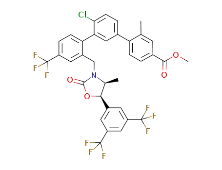 Molecular Structure of 943915-95-5 (methyl 2''-({(4S,5R)-5-[3,5-bis(trifluoromethyl)phenyl]-4-methyl-2-oxo-1,3-oxazolidin-3-yl}methyl)-4'-chloro-2-methyl-4''-(trifluoromethyl)-1,1':3',1''-terphenyl-4-carboxylate)