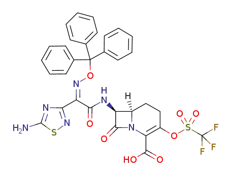 Molecular Structure of 1147849-04-4 ((6R,7S,Z)-7-(2-(5-amino-1,2,4-thiadiazol-3-yl)-2-(trityloxyimino)acetamido)-8-oxo-3-(trifluoromethylsulfonyloxy)-1-aza-bicyclo[4.2.0]oct-2-ene-2-carboxylic acid)