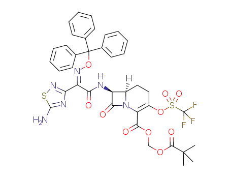 Molecular Structure of 1147849-85-1 ((6R,7S,Z)-pivaloyloxymethyl 7-(2-(5-amino-1,2,4-thiadiazol-3-yl)-2-(trityloxyimino)acetamido)-8-oxo-3-(trifluoromethylsulfonyloxy)-1-azabicyclo[4.2.0]oct-2-ene-2-carboxylate)