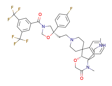 Molecular Structure of 1246246-70-7 (2-{[(2S)-1'-{2-[(5R)-3-[3,5-Bis(trifluoromethyl)benzoyl]-5-(4-fluorophenyl)-1,3-oxazolidin-5-yl]ethyl}-2,3-dihydrospiro[indene-1,4'-piperidin]-2-yl]oxy}-N-methyl-N-[3-(methylamino)propyl]acetamide)