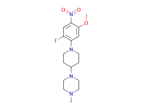 Molecular Structure of 1356963-21-7 (1-(1-(2-Fluoro-5-methoxy-4-nitrophenyl)piperidin-4-yl)-4-methylpiperazine)