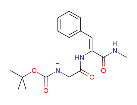 124194-25-8,tert-butyloxycarbonyl-glycyl-dehydrophenylalaninamide-N-methyl,Carbamic acid,(2-((1-((methylamino)carbonyl)-2-phenylethenyl)amino)-2-oxoethyl)-,1,1-dimethylethyl ester,(Z);Boc-gly-dehydro-phe-nhch3;tert-Butyloxycarbonyl-glycyl-dehydrophenylalaninamide-N-methyl;Boc-gdpn;