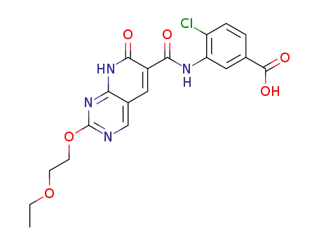Molecular Structure of 1386980-79-5 (4-Chloro-3-{[2-(2-ethoxy-ethoxy)-7-oxo-7,8-dihydro-pyrido[2,3-d]pyrimidine-6-carbonyl]-amino}-benzoic acid)