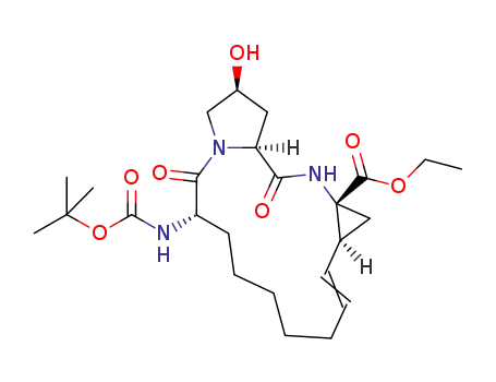 Molecular Structure of 744250-80-4 (ethyl(2S,6S,13aS,14aR,16aS)-6-({[(1,1-dimethylethyl)oxy]carbonyl}amino)-2-hydroxy-5,16-dioxo-1,2,3,6,7,8,9,10,11,13a,14,15,16,16a-tetradecahydrocyclopropa[e]pyrrolo[1,2-a][1,4]diazacyclopentadecine-14a(5H)-carboxylate)