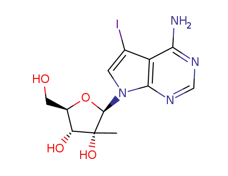 Molecular Structure of 847551-49-9 (5-Iodo-7-(2-C-methyl-beta-D-ribofuranosyl)-7H-pyrrolo[2,3-d]pyrimidin-4-amine)