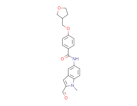 Molecular Structure of 1314128-01-2 (N-(2-formyl-1-methyl-1H-indol-5-yl)-4-(tetrahydrofuran-3-ylmethoxy)benzamide)