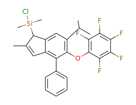 Molecular Structure of 1417536-91-4 (chloro [6-isopropyl-2-methyl-5-(pentafluorophenoxy)-4-phenyl-1H-inden-1-yl] dimethylsilane)