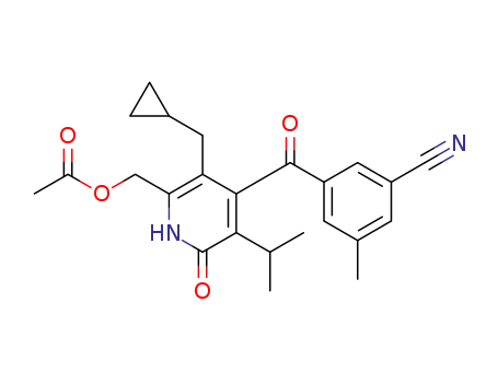 Molecular Structure of 1205513-12-7 (acetic acid 4-(3-cyano-5-methyl-benzoyl)-3-cyclopropylmethyl-5-isopropyl-6-oxo-1,6-dihydro-pyridin-2-ylmethyl ester)