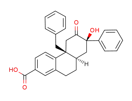 Molecular Structure of 1206877-03-3 ((4bR,7R,8aR)-4b-benzyl-7-hydroxy-6-oxo-7-phenyl-4b,5,6,7,8,8a,9,10-octahydrophenanthrene-2-carboxylic acid)