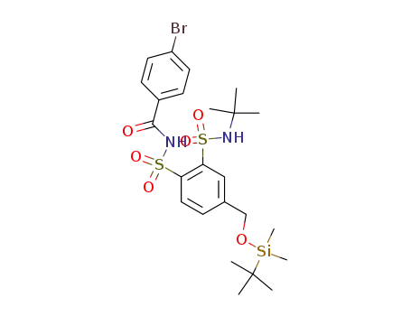 Molecular Structure of 1154061-22-9 (4-bromo-N-(4-((tert-butyldimethylsilyloxy)methyl)-2-(N-tert-butylsulfamoyl)phenylsulfonyl)benzamide)