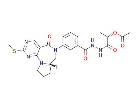 Molecular Structure of 1092113-72-8 ((S)-3-(9-methylthio-6-oxo-2,3,3a,4-tetrahydro-1H,6H-5,8,10,10b-tetraazabenzo[e]azulen-5-yl)benzoic acid-N'-(2S)-acetoxypropionyl hydrazide)