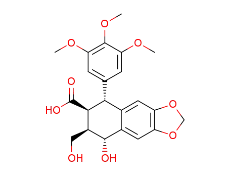 Molecular Structure of 477-67-8 (5,6,7,8-Tetrahydro-8β-hydroxy-7α-(hydroxymethyl)-5β-(3,4,5-trimethoxyphenyl)naphtho[2,3-d]-1,3-dioxole-6α-carboxylic acid)