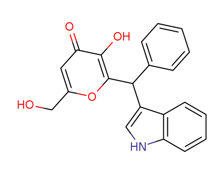 Molecular Structure of 1261077-99-9 (2-((1H-indol-3-yl)(phenyl)methyl)-3-hydroxy-6-(hydroxymethyl)-4H-pyran-4-one)