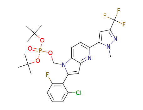 Molecular Structure of 1612288-98-8 (di-tert-butyl {2-(2-chloro-6-fluorophenyl)-5-[1-methyl-3-(trifluoromethyl)-1H-pyrazol-5-yl]-1H-pyrrolo[3,2-b]pyridin-1-yl}methyl phosphate)