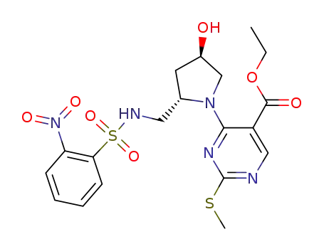 Molecular Structure of 1410975-85-7 (ethyl 4-((2S,4R)-4-hydroxy-2-((2-nitrophenylsulfonamido)methyl)pyrrolidin-1-yl)-2-(methylthio)pyrimidine-5-carboxylate)