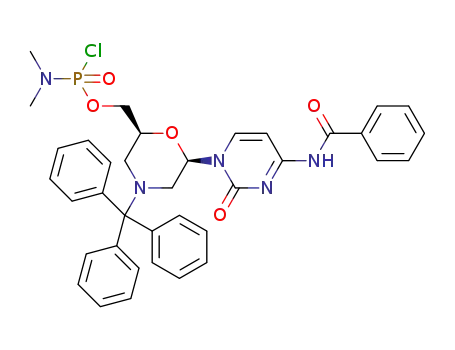 Molecular Structure of 956139-21-2 ((6-(4-benzamido-2-oxopyrimidin-1(2H)-yl)-4-tritylmorpholin-2-yl)methyl dimethylphosphoramidochloridate)