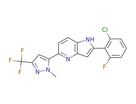 Molecular Structure of 1443732-64-6 (2-(2-chloro-6-fluorophenyl)-5-[1-methyl-3-(trifluoromethyl)-1H-pyrazol-5-yl]-1H-pyrrolo[3,2-b]pyridine)