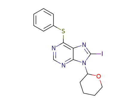 Molecular Structure of 1380333-86-7 (8-iodo-6-(phenylthio)-9-(tetrahydro-2H-pyran-2-yl)-9H-purine)