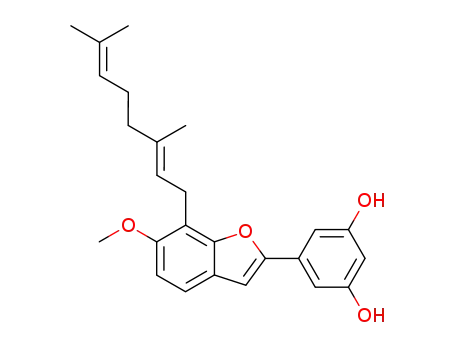 Molecular Structure of 79295-49-1 (1,3-Benzenediol, 5-(7-((2E)-3,7-dimethyl-2,6-octadienyl)-6-methoxy-2-b enzofuranyl)-)
