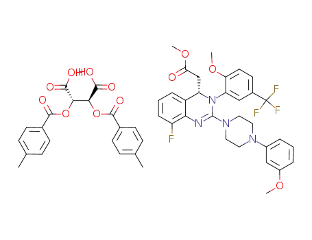 Molecular Structure of 917389-30-1 (Butanedioic acid, 2,3-bis[(4-methylbenzoyl)oxy]-, (2S,3S)-, compd. with methyl (4S)-8-fluoro-3,4-dihydro-2-[4-(3-methoxyphenyl)-1-piperazinyl]-3-[2-methoxy-5-(trifluoromethyl)phenyl]-4-quinazolineacetate (1:1))