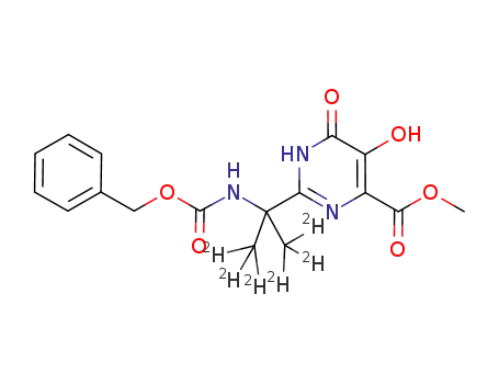 Molecular Structure of 1100750-73-9 (Methyl 2-[2-(benzyloxycarbonylamino)-(1,3-D6-propan)-2-yl]-5-hydroxy-6-oxo-1,6-dihydropyrimidine-4-carboxylate)