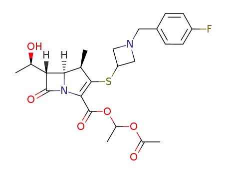 Molecular Structure of 1158510-27-0 (1-(acetoxy)ethyl (1R,5S,6S)-2-[(1-(4-fluorobenzyl)azetidin-3-yl)thio]-6-[(R)-1-hydroxyethyl]-1-methyl-carbapen-2-em-3-carboxylate)