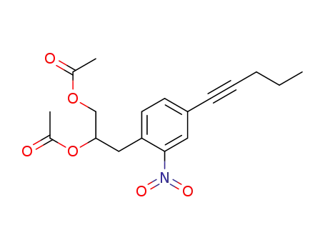 Molecular Structure of 442521-50-8 (acetic acid 1-acetoxymethyl-2-(2-nitro-4-pent-1-ynyl-phenyl)-ethyl ester)