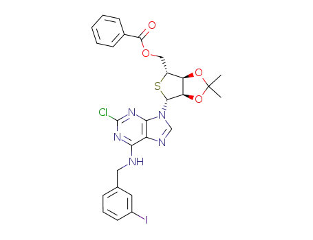 Molecular Structure of 596103-11-6 (Adenosine,
2-chloro-N-[(3-iodophenyl)methyl]-2',3'-O-(1-methylethylidene)-4'-thio-,
5'-benzoate)