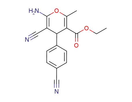 Molecular Structure of 89809-78-9 (4H-Pyran-3-carboxylic acid,
6-amino-5-cyano-4-(4-cyanophenyl)-2-methyl-, ethyl ester)