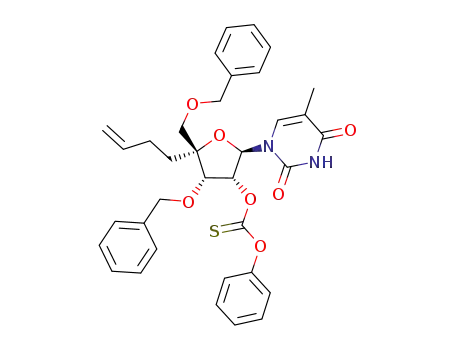 Molecular Structure of 945383-18-6 (1-[3,5-di-O-benzyl-4-C-penten-yl-2-O-phenoxythiocarbonyl-β-D-ribofuranosyl]-thymine)