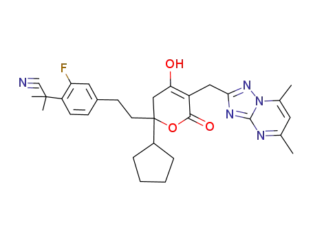Molecular Structure of 749929-99-5 (Benzeneacetonitrile, 4-[2-[2-cyclopentyl-5-[(5,7-dimethyl[1,2,4]triazolo[1,5-a]pyrimidin-2-yl)methyl]-3,6-dihydro-4-hydroxy-6-oxo-2H-pyran-2-yl]ethyl]-2-fluoro-α,α-dimethyl-, (-)-)